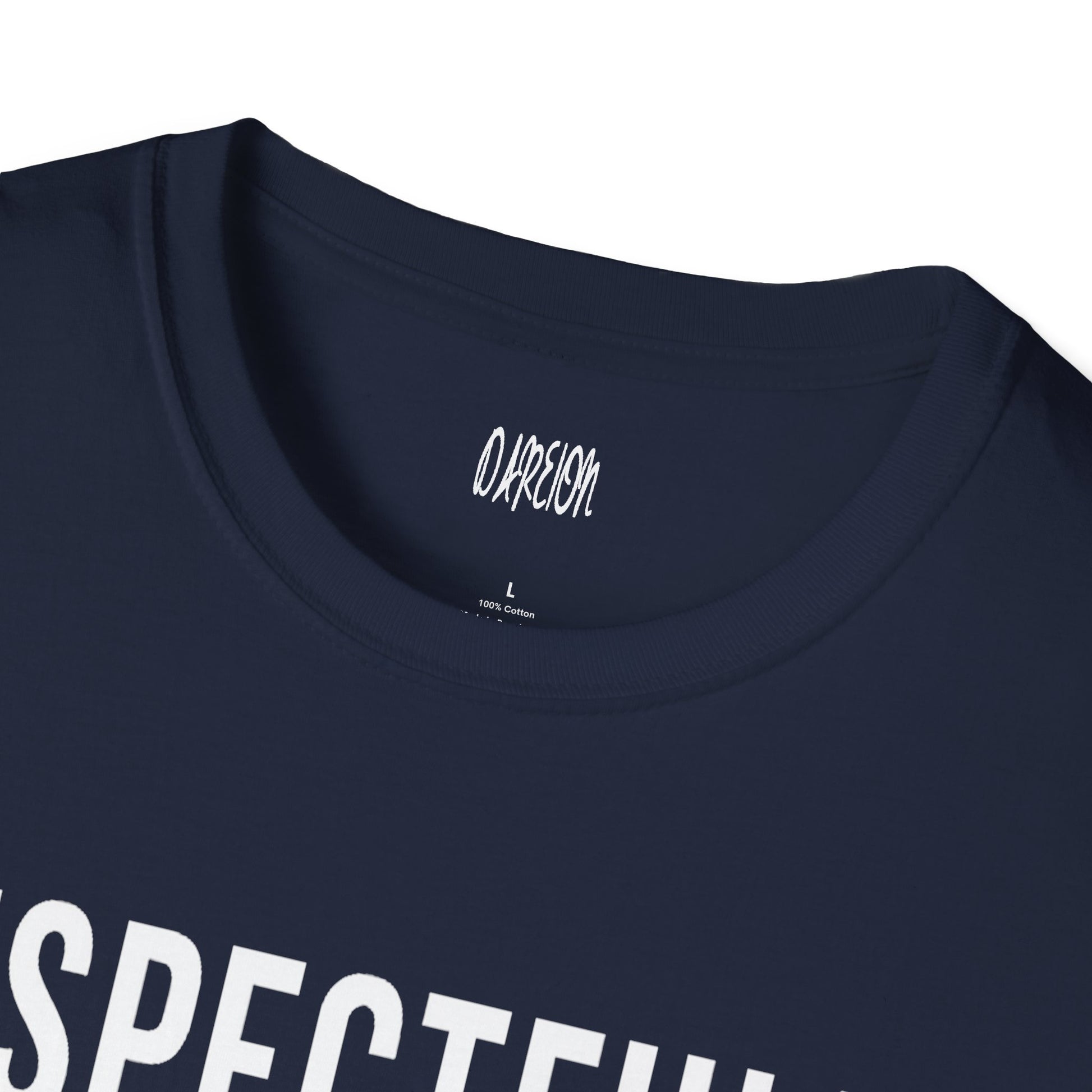 Navy blue t-shirt with white text and a brand logo on a white background
