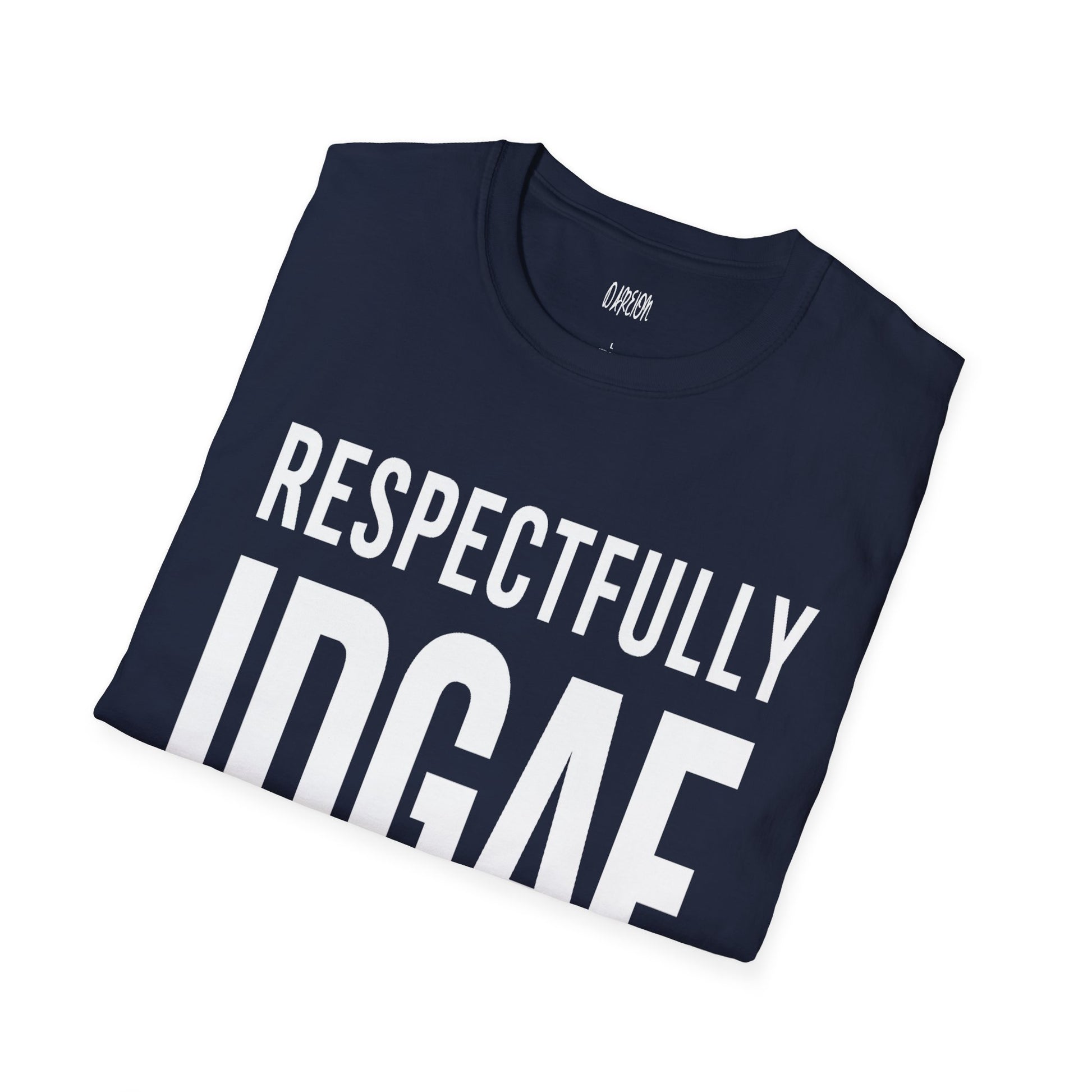 Black t-shirt with white text on a white background