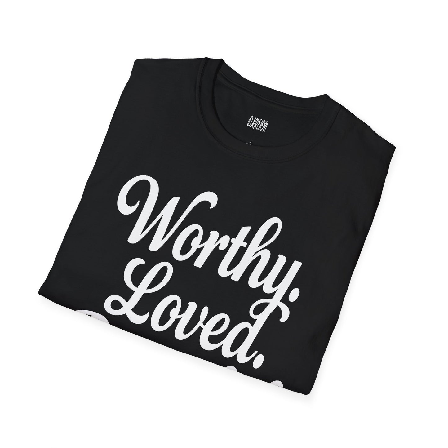 Black t-shirt with 'Worthy Loved' text on a white background