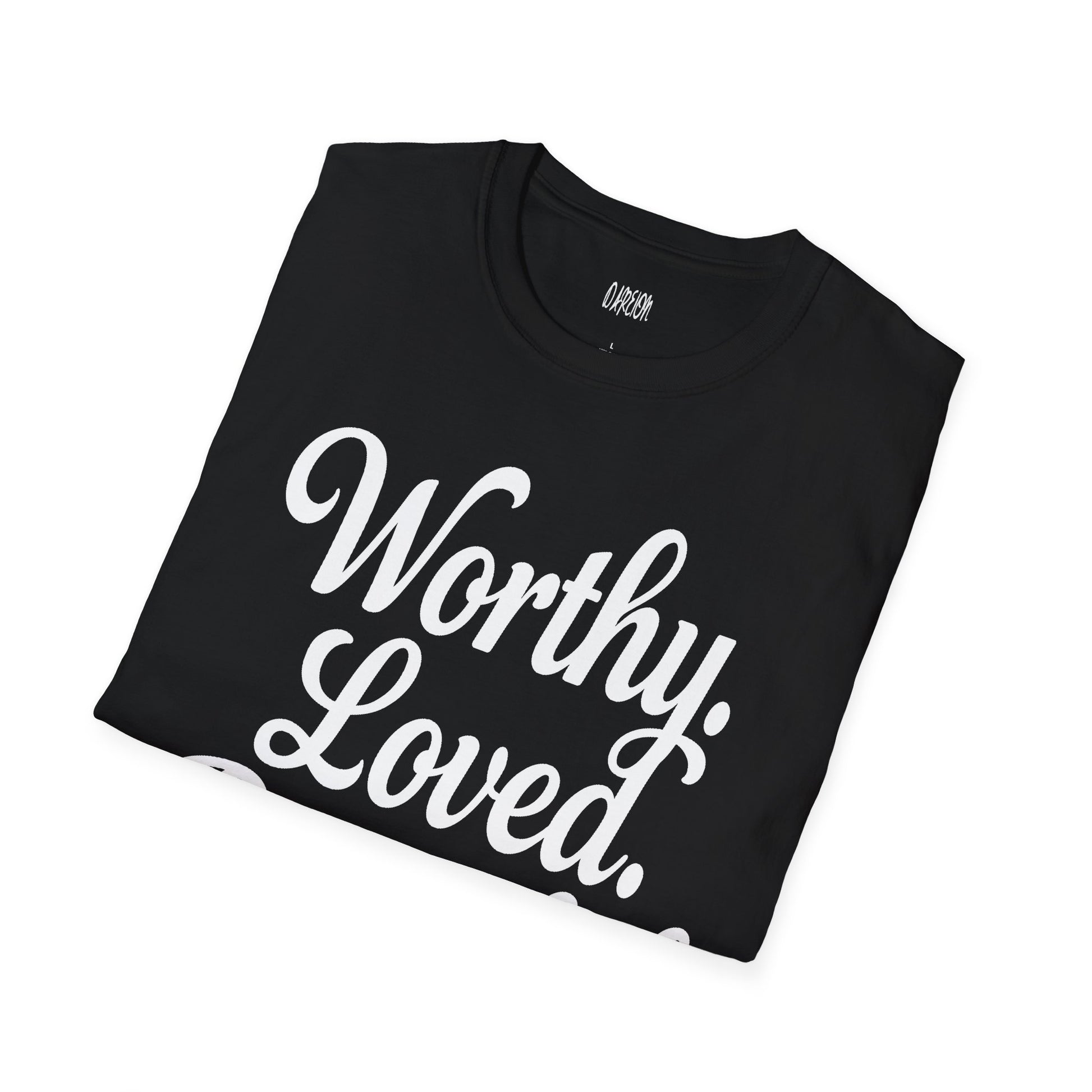 Black t-shirt with 'Worthy Loved' text on a white background