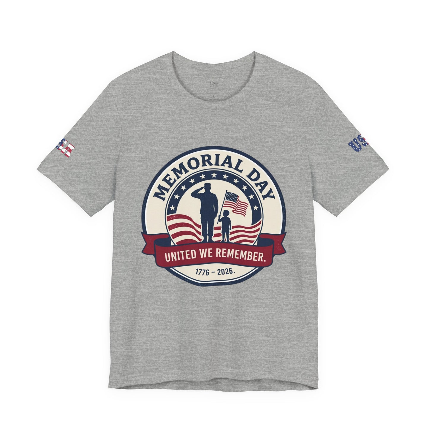 Gray t-shirt with Memorial Day design featuring a silhouette of a soldier and child, American flag, and text.