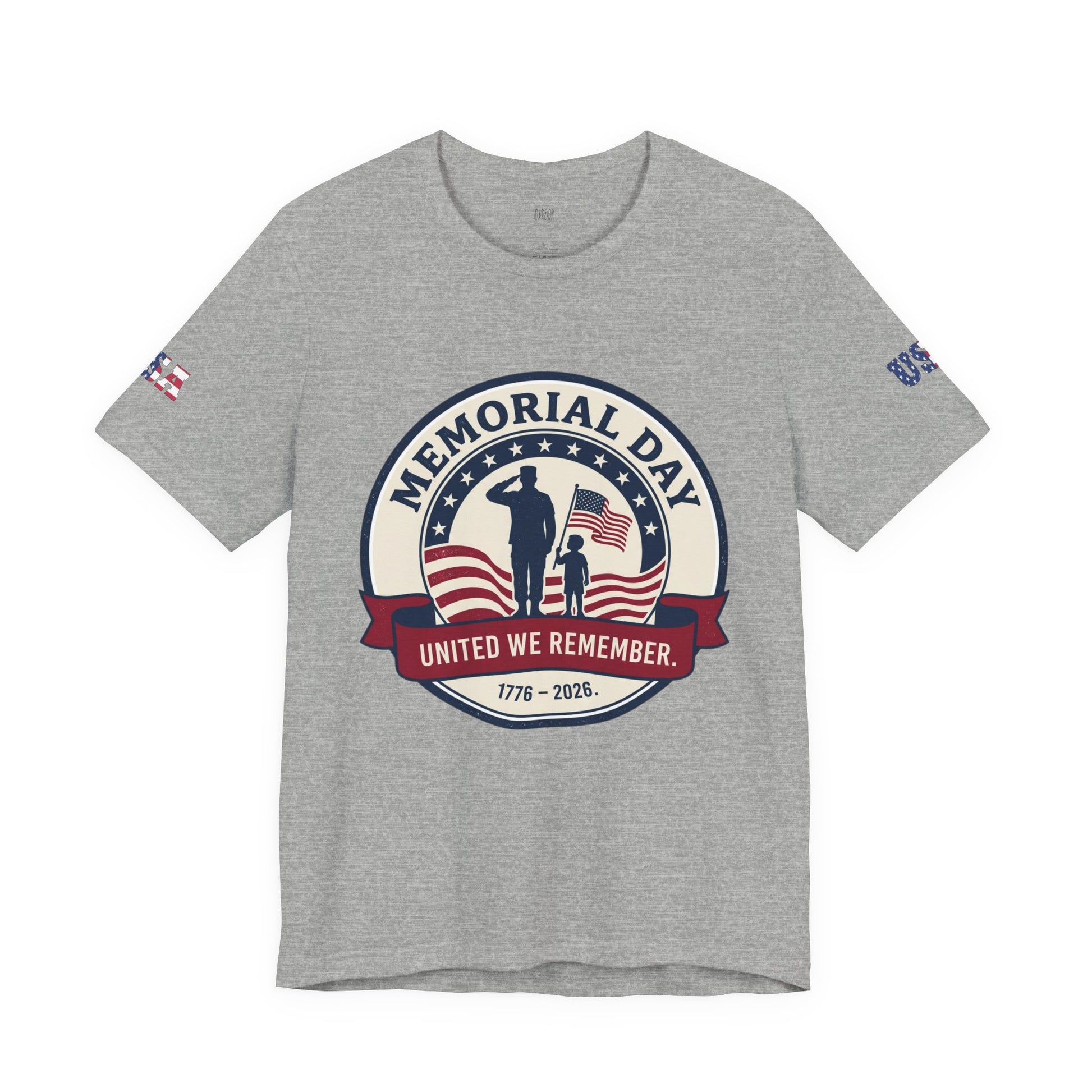 Gray t-shirt with Memorial Day design featuring a silhouette of a soldier and child, American flag, and text.