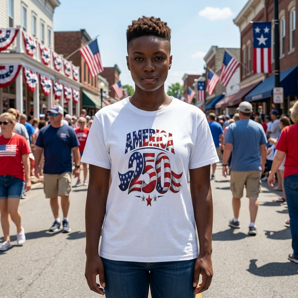 Person wearing a white t-shirt with 'AMERICA 250' design in a street setting with American flags.