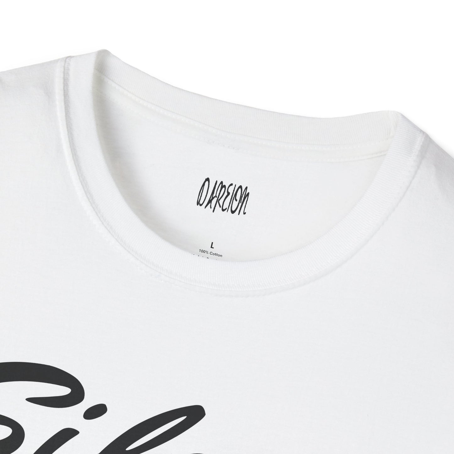 White t-shirt with black text on a white background