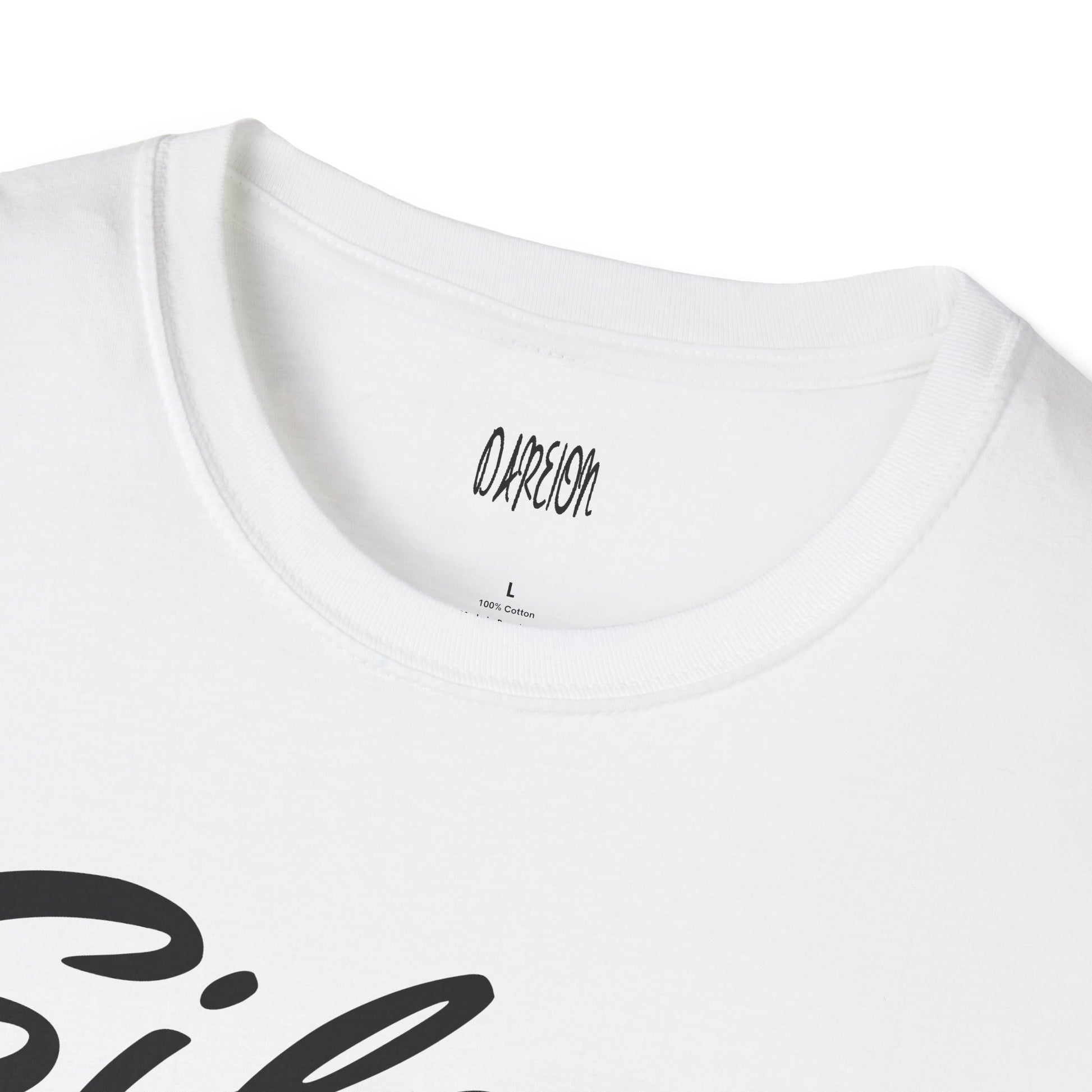 White t-shirt with black text on a white background