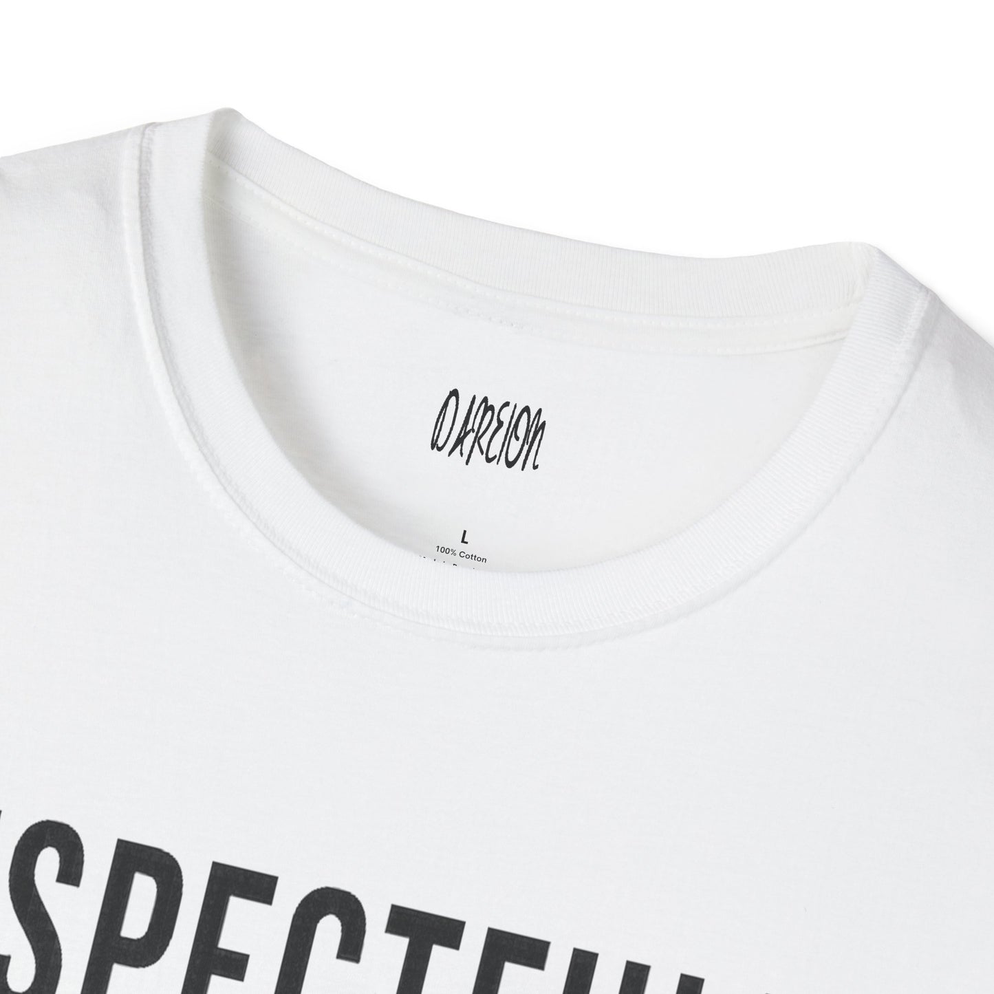 White t-shirt with black text and a brand logo on a white background