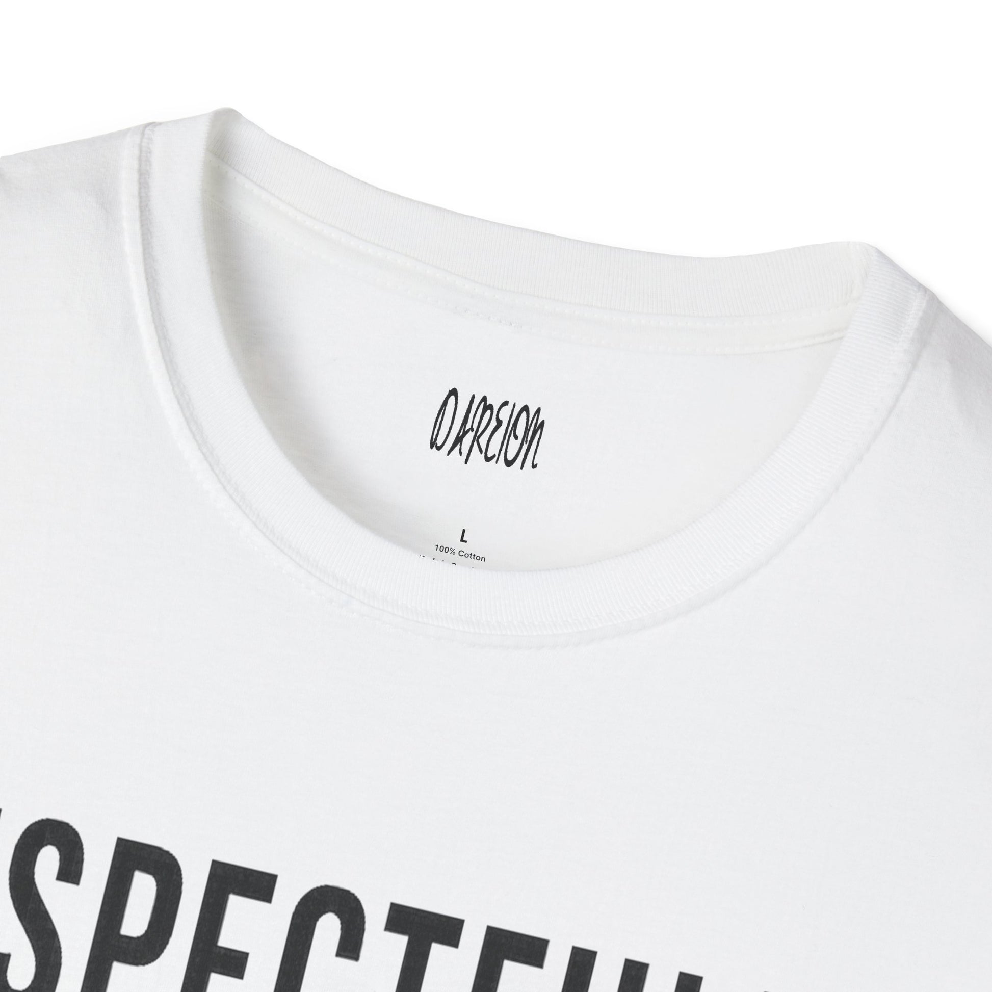 White t-shirt with black text and a brand logo on a white background