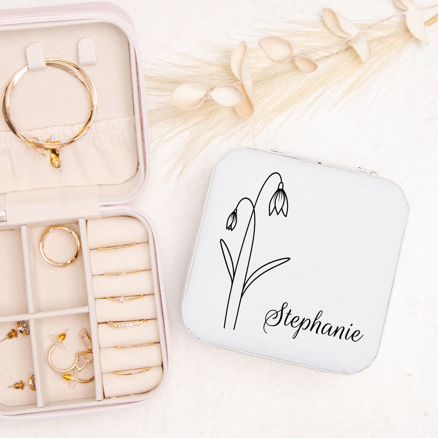 Personalized Birth Month Flower Jewelry Box with Custom Name