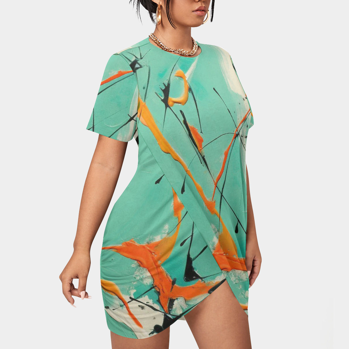 Plus Size Short Sleeve Green Stacked Hem Dress