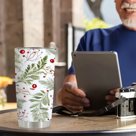 20oz Holiday Botanical Tumbler with Sliding Lid – Festive Red Berries & Evergreen Design