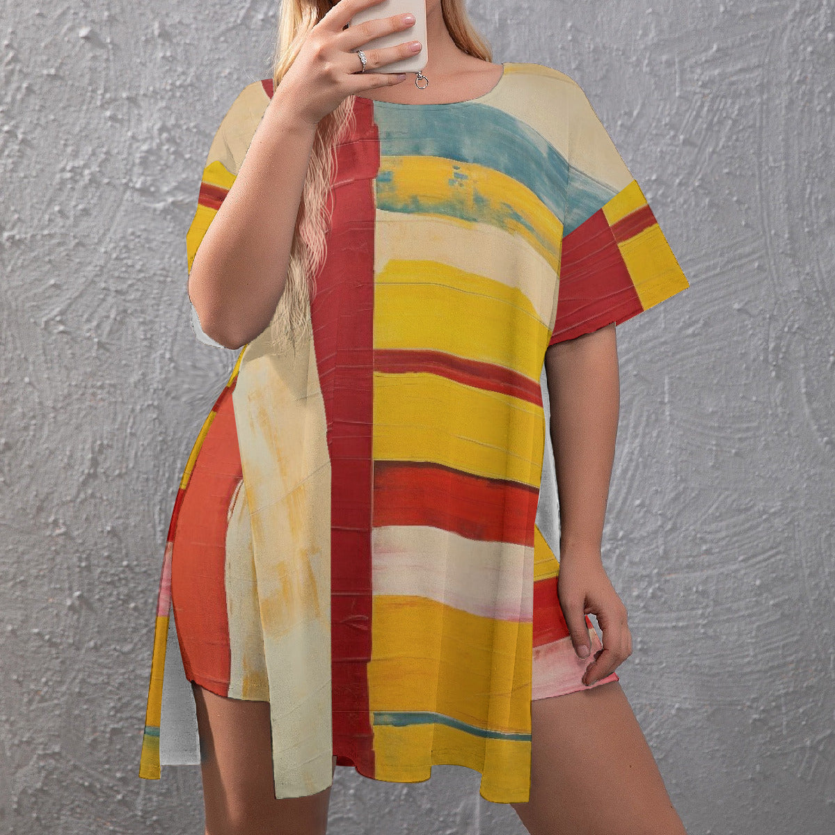 Red Yellow Green Watercolor Drop-Shoulder T-Shirt with Side Split and Shorts (Plus Size)