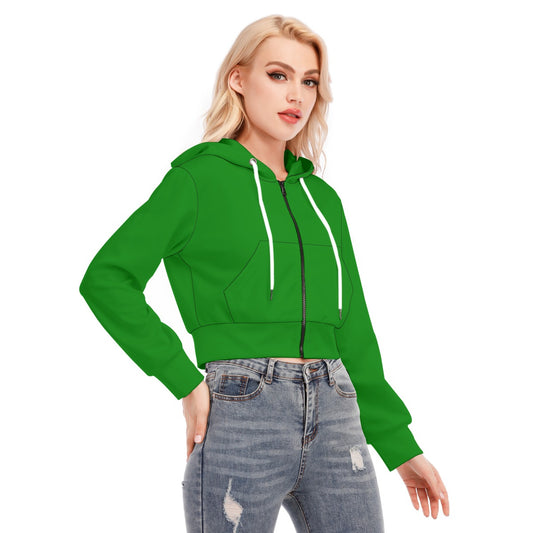 Green Women's Crop Top Hoodie With Zipper Closure