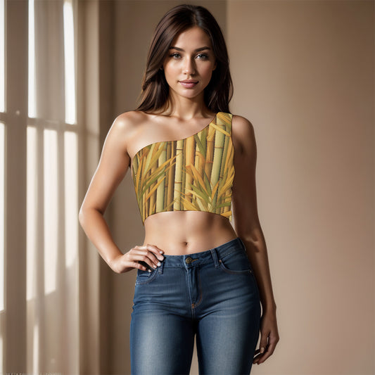 Brown Nature Designed One-Shoulder Cropped Top