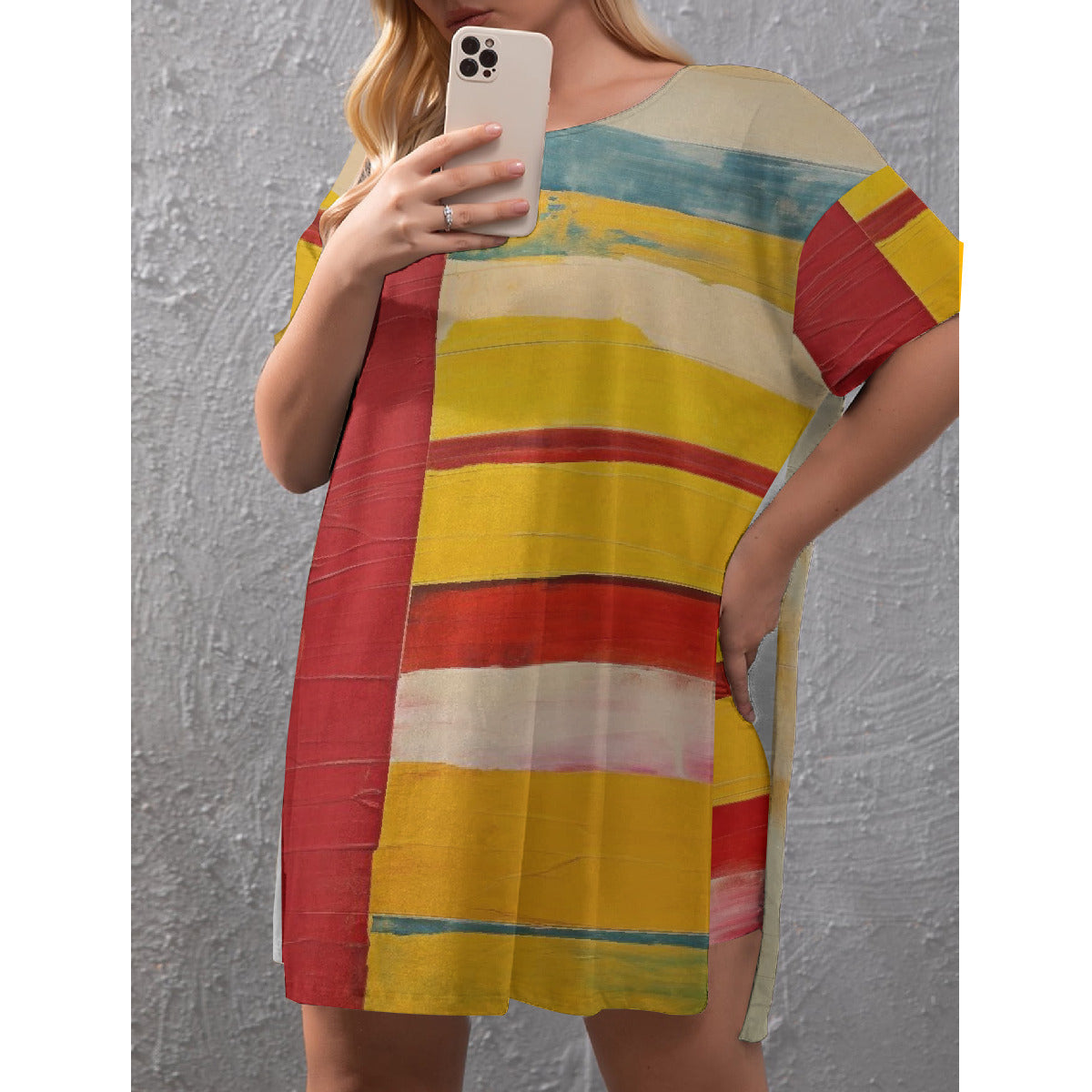 Red Yellow Green Watercolor Drop-Shoulder T-Shirt with Side Split and Shorts (Plus Size)