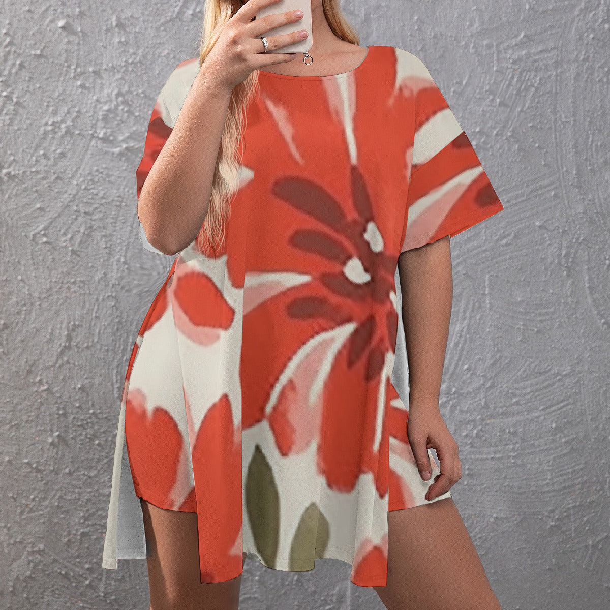 Orange Oversized Drop Shirt and Shorts Set with Side Split (Plus Size)