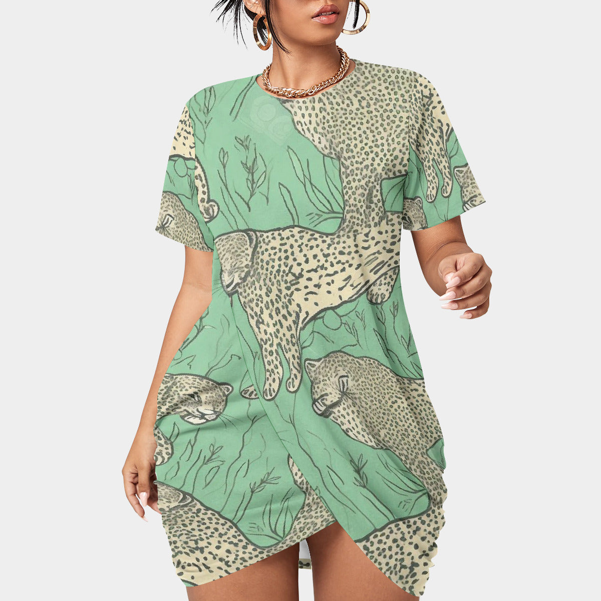 Green Cheetah Stacked Hem Dress