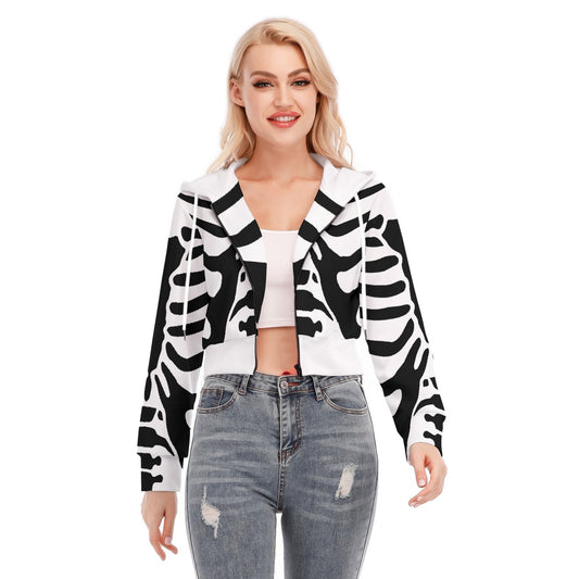 White and Black Crop Top Hoodie With Zipper Closure