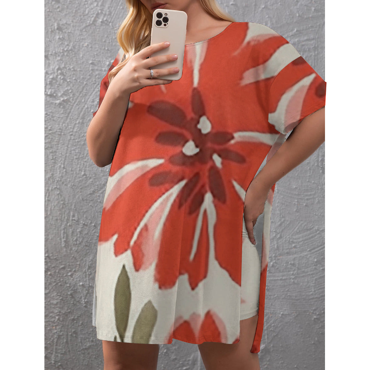 Orange Oversized Drop Shirt and Shorts Set with Side Split (Plus Size)