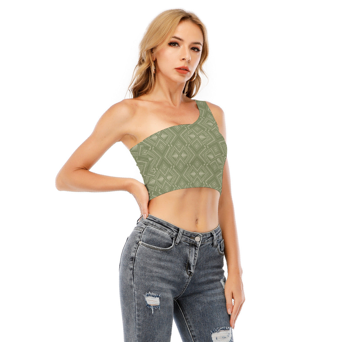 Green Geometric Pattern One-Shoulder Cropped Top