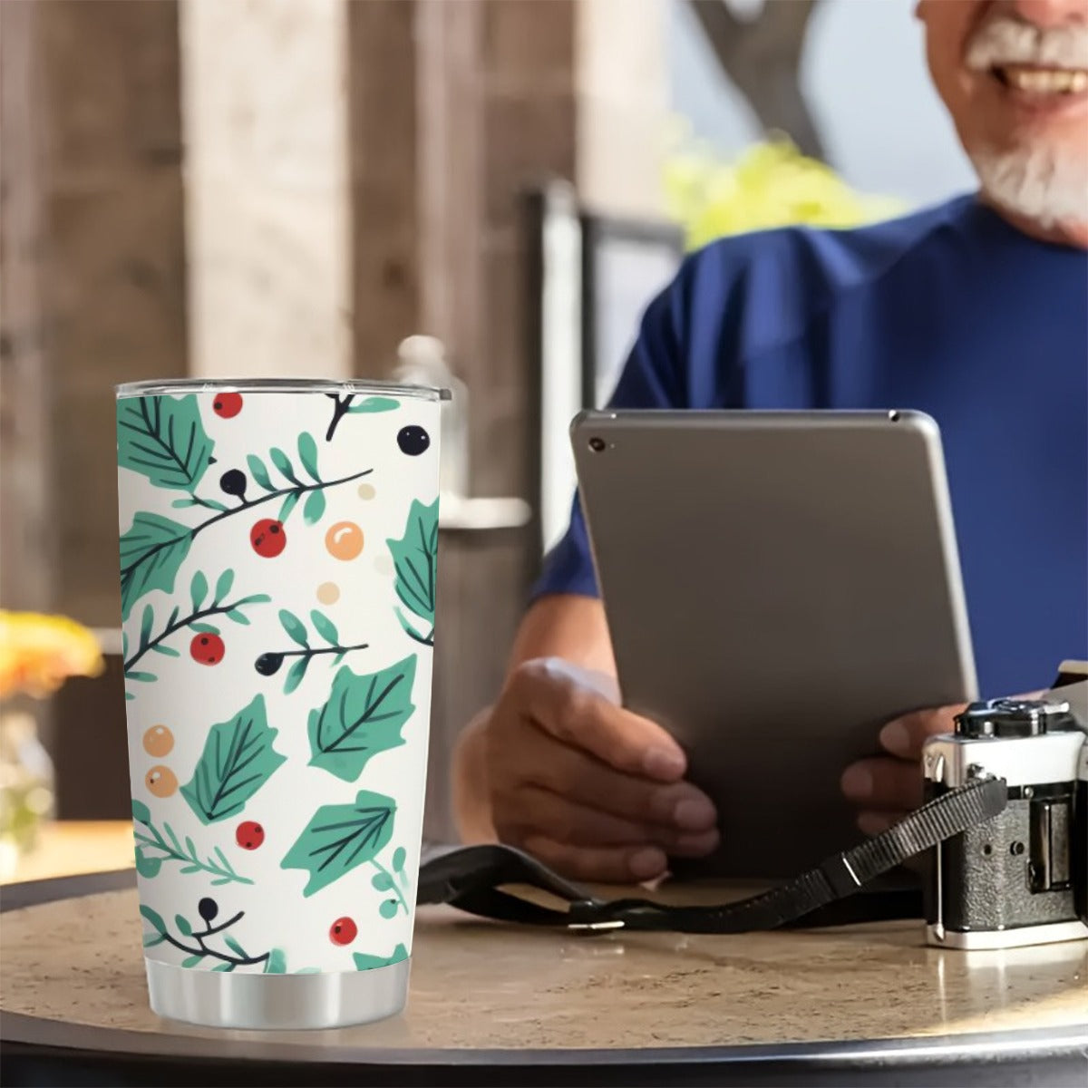 Holiday Berry & Leaf 20oz Tumbler | Insulated Stainless Steel Travel Mug, Festive Drinkware Gift