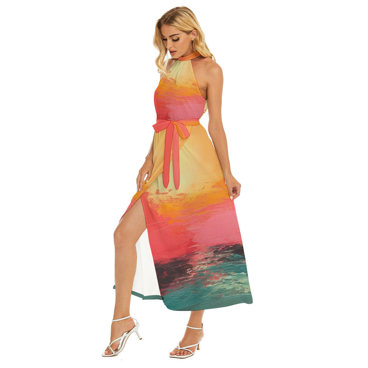 Colorful Wrap Hem Belted Halter Dress