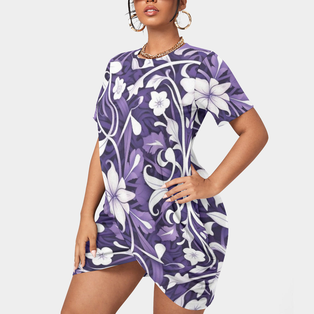 Plus Size Purple Floral Short Sleeve Dress