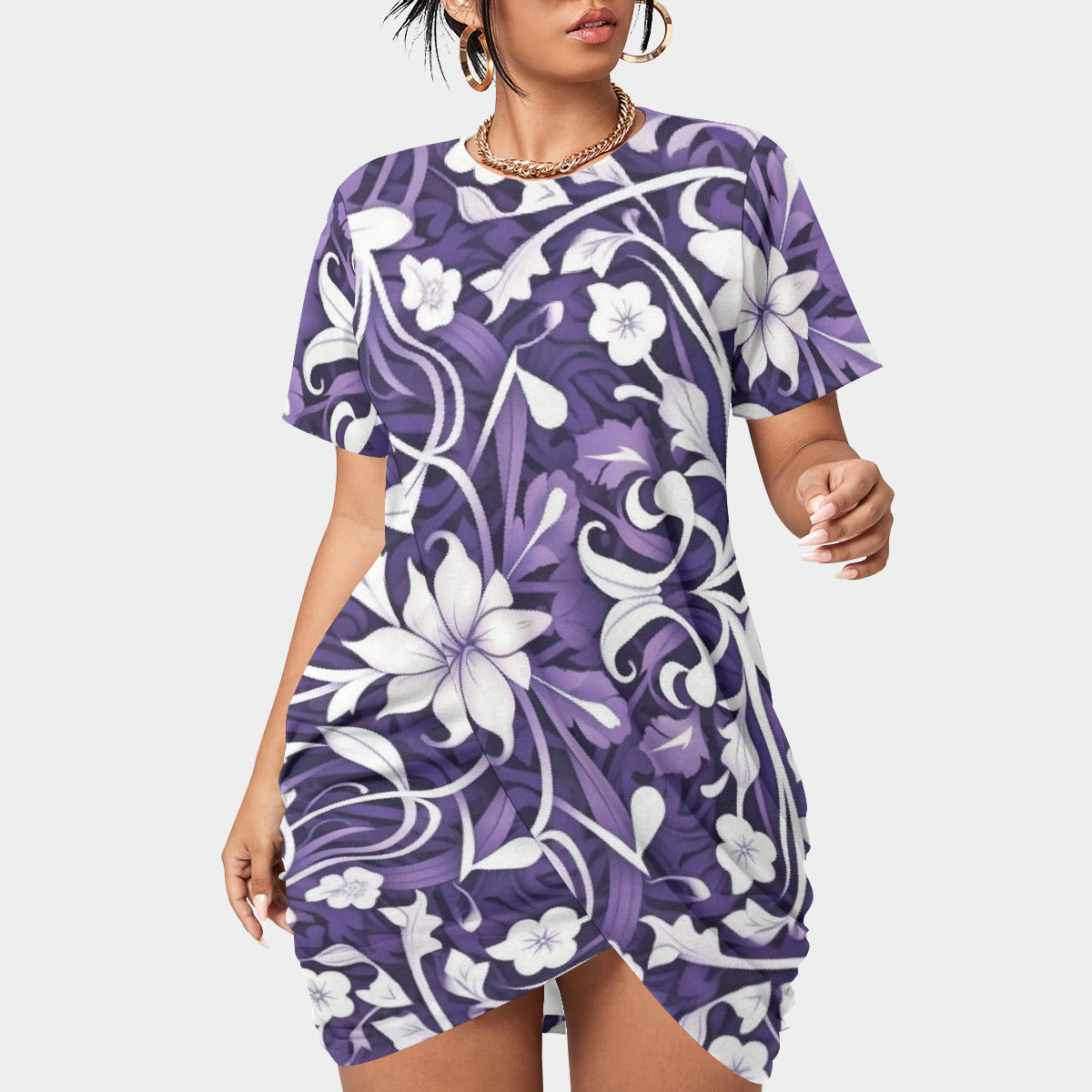 Plus Size Purple Floral Short Sleeve Dress