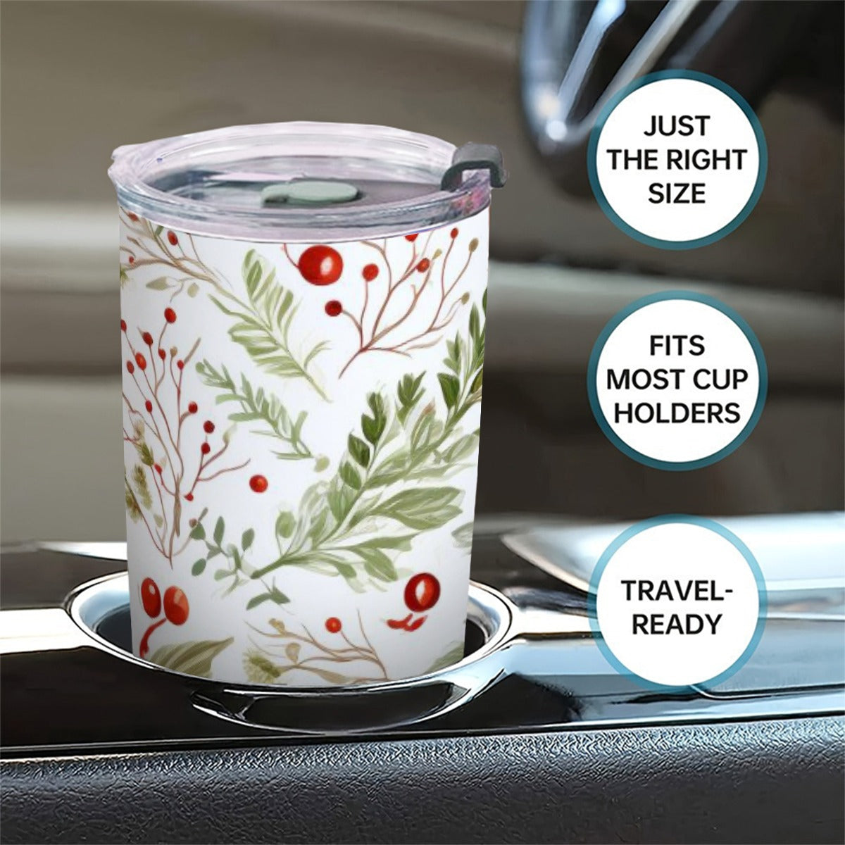 20oz Holiday Botanical Tumbler with Sliding Lid – Festive Red Berries & Evergreen Design
