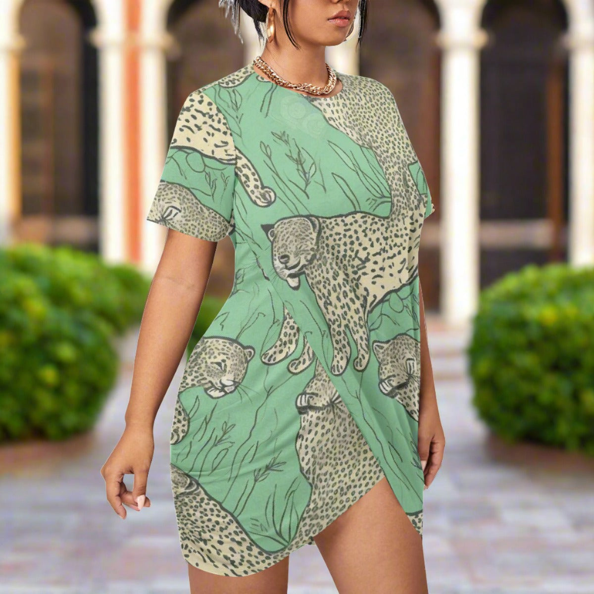 Green Cheetah Stacked Hem Dress