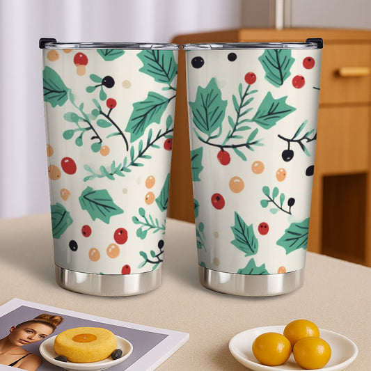 Holiday Berry & Leaf 20oz Tumbler | Insulated Stainless Steel Travel Mug, Festive Drinkware Gift