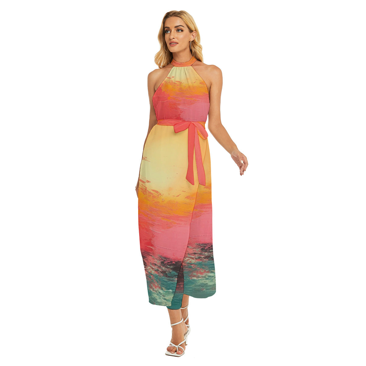 Colorful Wrap Hem Belted Halter Dress