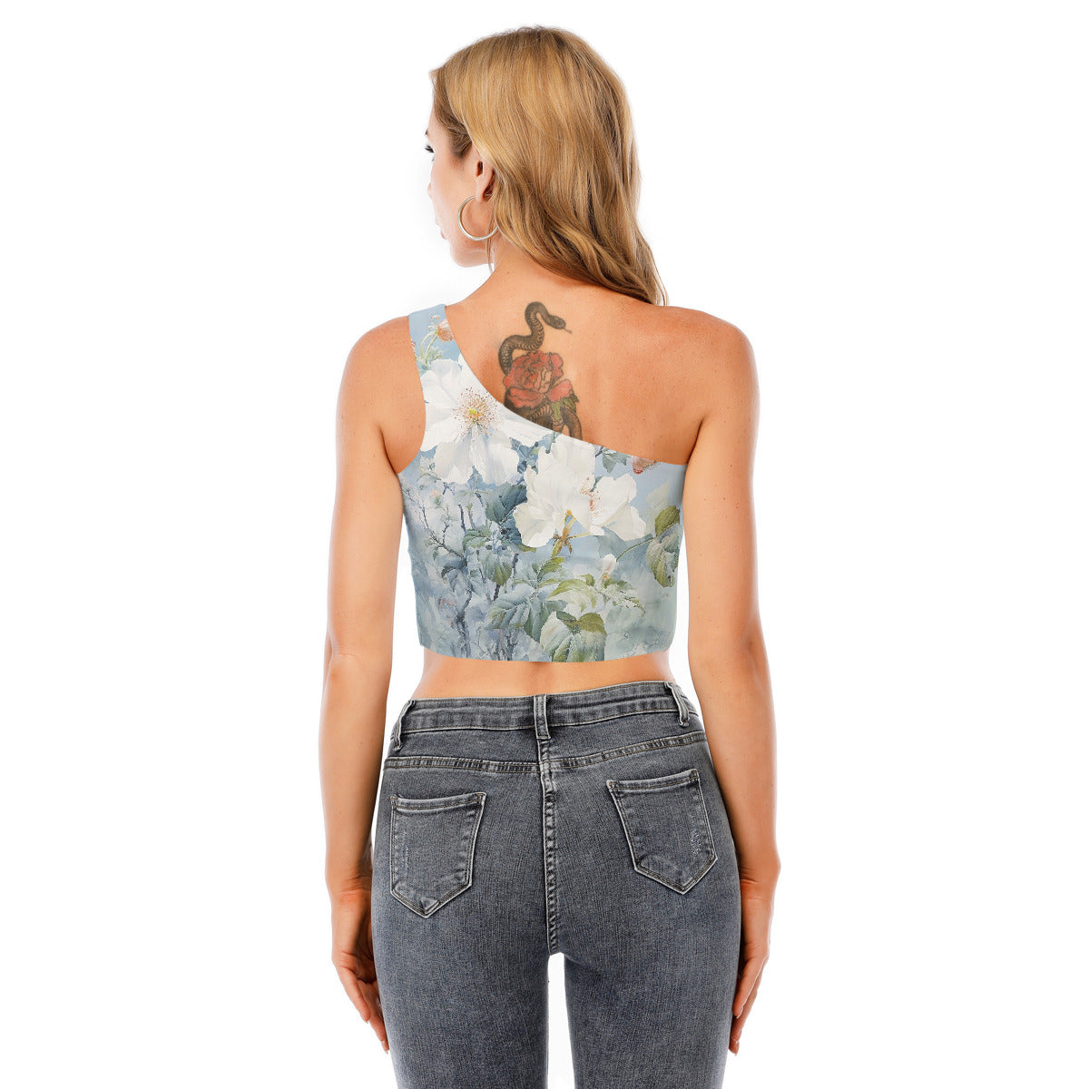 Blue Floral One-Shoulder Cropped Top