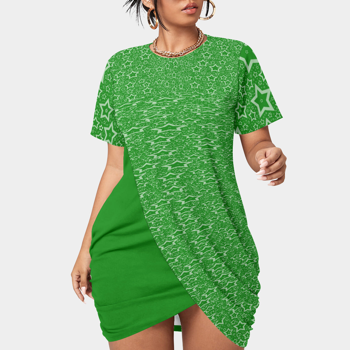 Green Stacked Hem Dress With Short Sleeve（Plus Size）