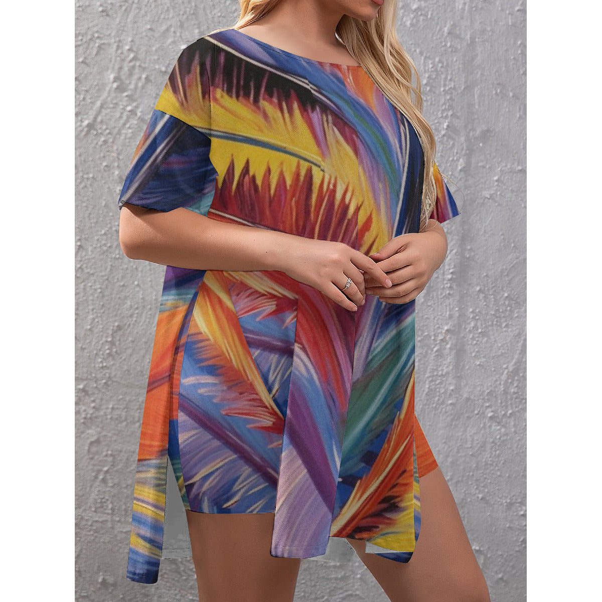 Multi-Color Drop-Shoulder Shirt with Side Split and Shorts (Plus Size)