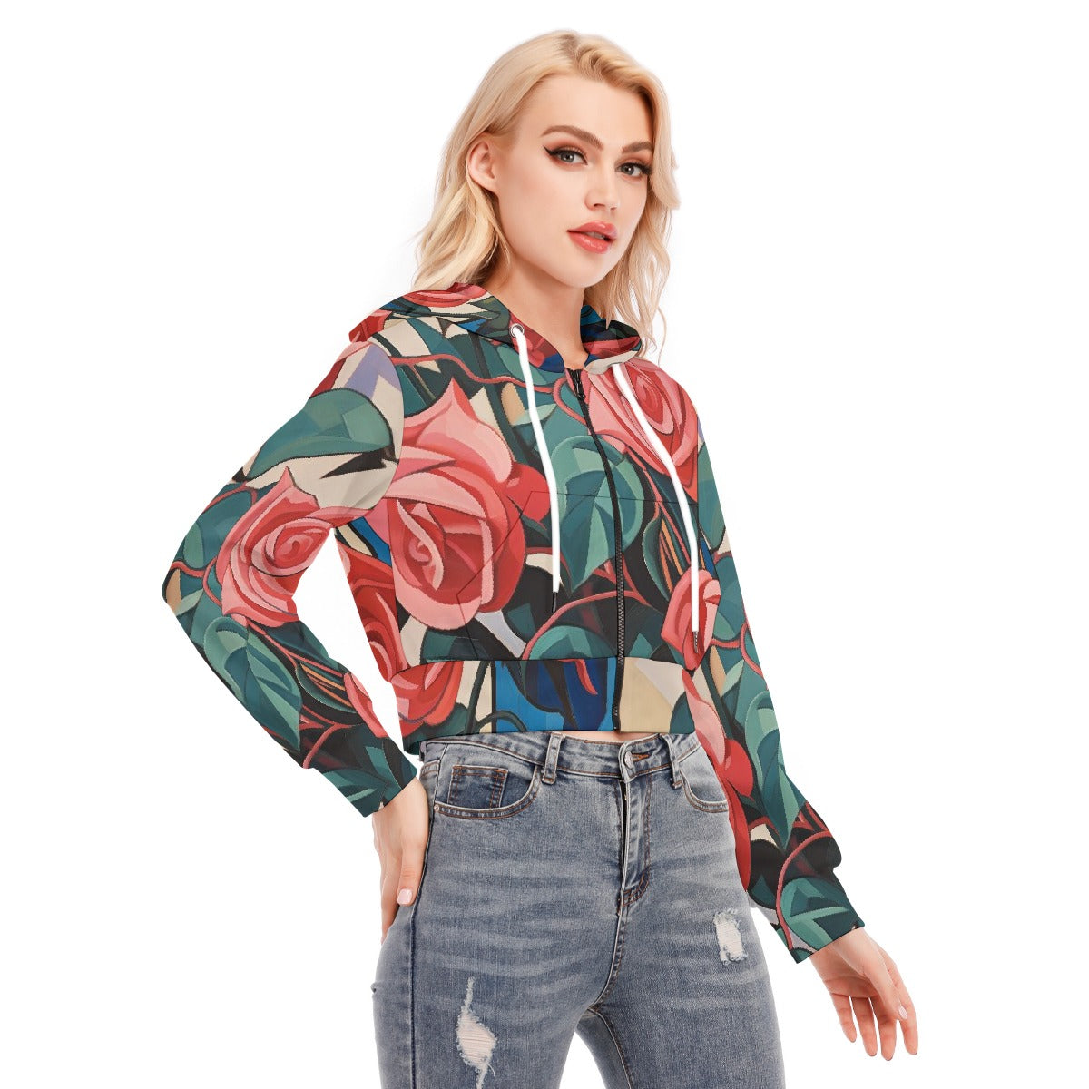 Multi-Colored Floral Crop Top Hoodie With Zipper Closure