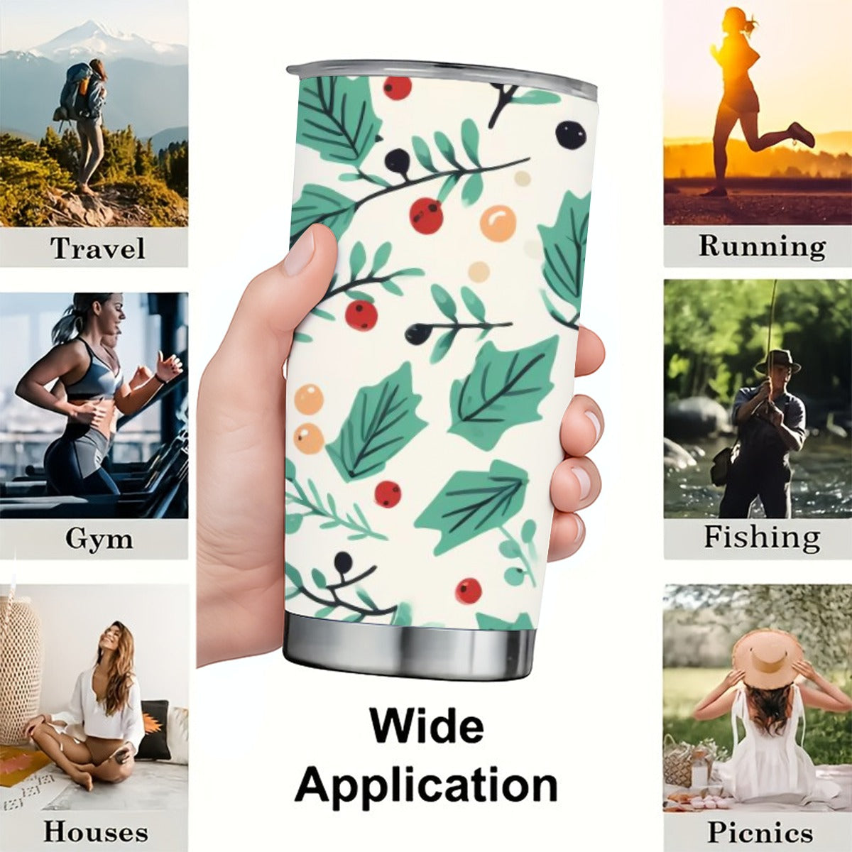 Holiday Berry & Leaf 20oz Tumbler | Insulated Stainless Steel Travel Mug, Festive Drinkware Gift