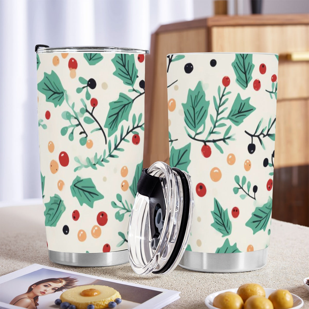 Holiday Berry & Leaf 20oz Tumbler | Insulated Stainless Steel Travel Mug, Festive Drinkware Gift