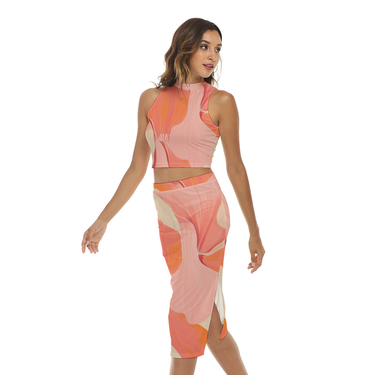 Coral and Peach Tank Top with High-Slit Skirt Set