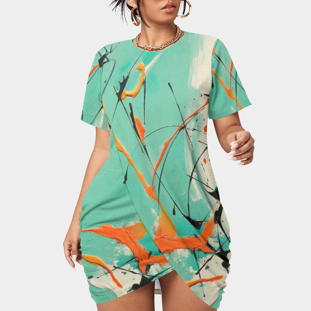 Plus Size Short Sleeve Green Stacked Hem Dress