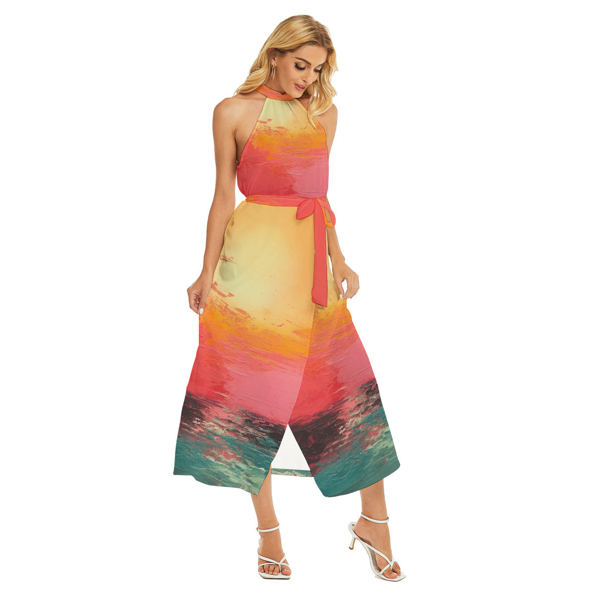 Colorful Wrap Hem Belted Halter Dress