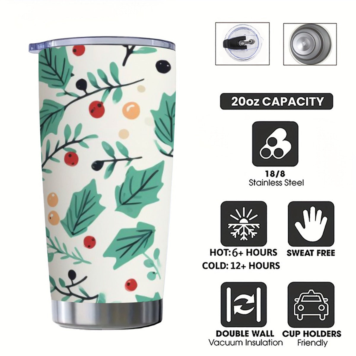 Holiday Berry & Leaf 20oz Tumbler | Insulated Stainless Steel Travel Mug, Festive Drinkware Gift