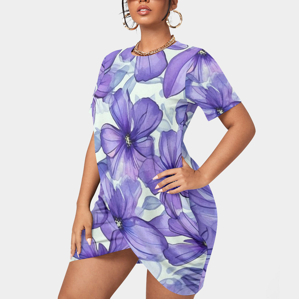 Plus Size Purple Floral Stacked Hem Dress - Classic Round Neck & Short Sleeve Style