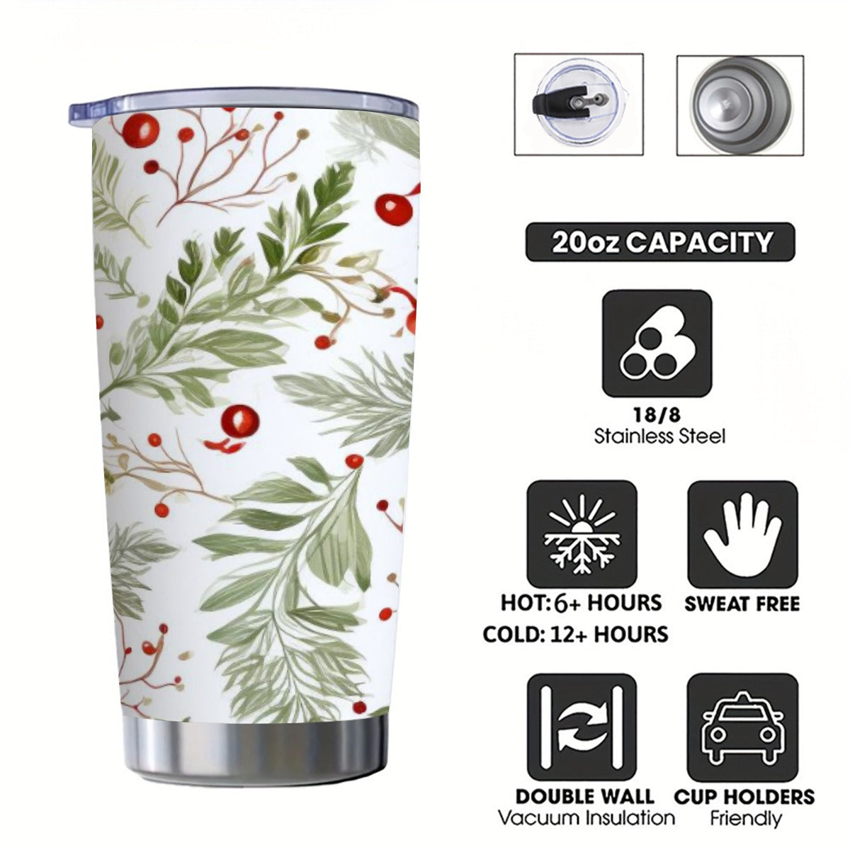 20oz Holiday Botanical Tumbler with Sliding Lid – Festive Red Berries & Evergreen Design