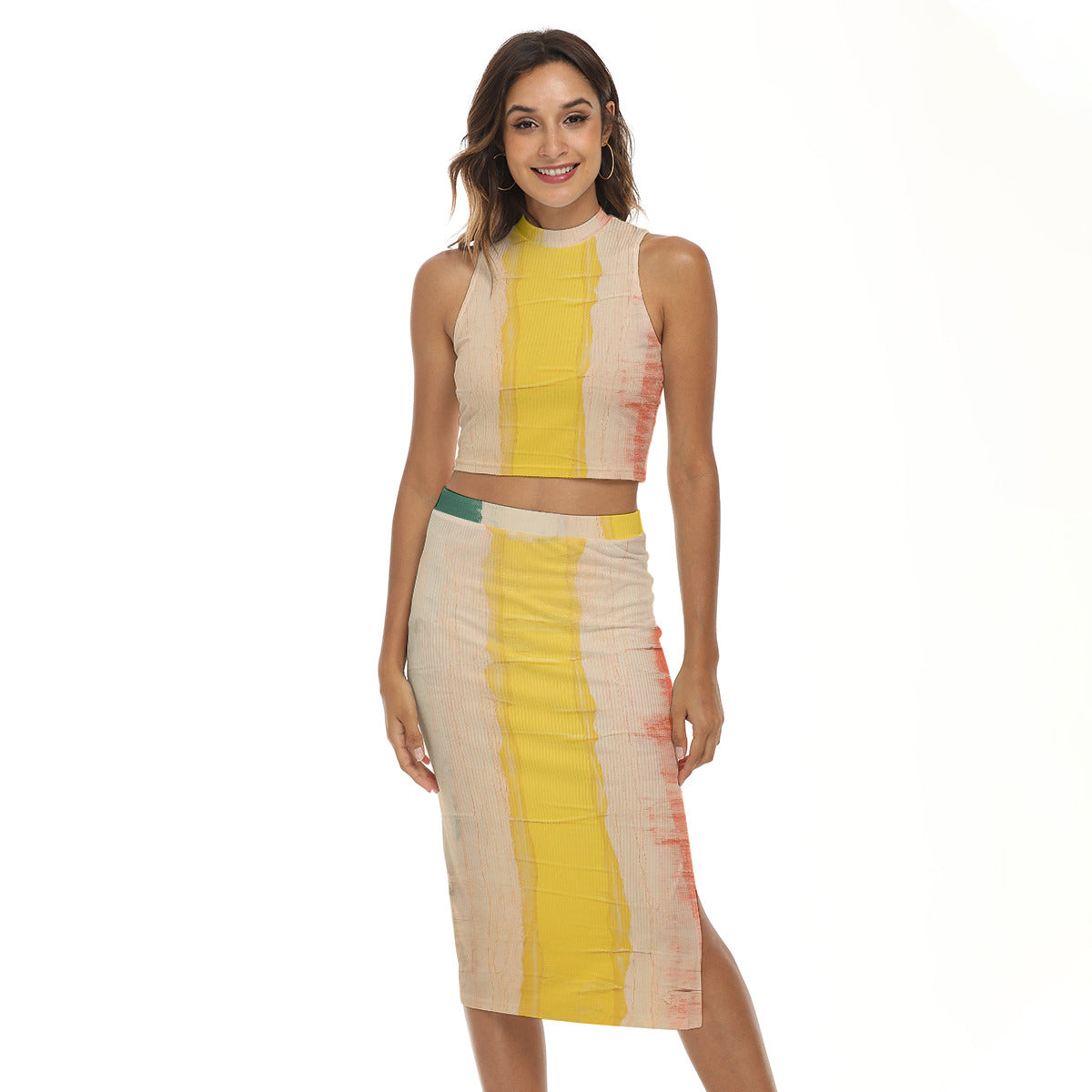 Yellow, Tan, Green Tank Top & Split High Skirt Set