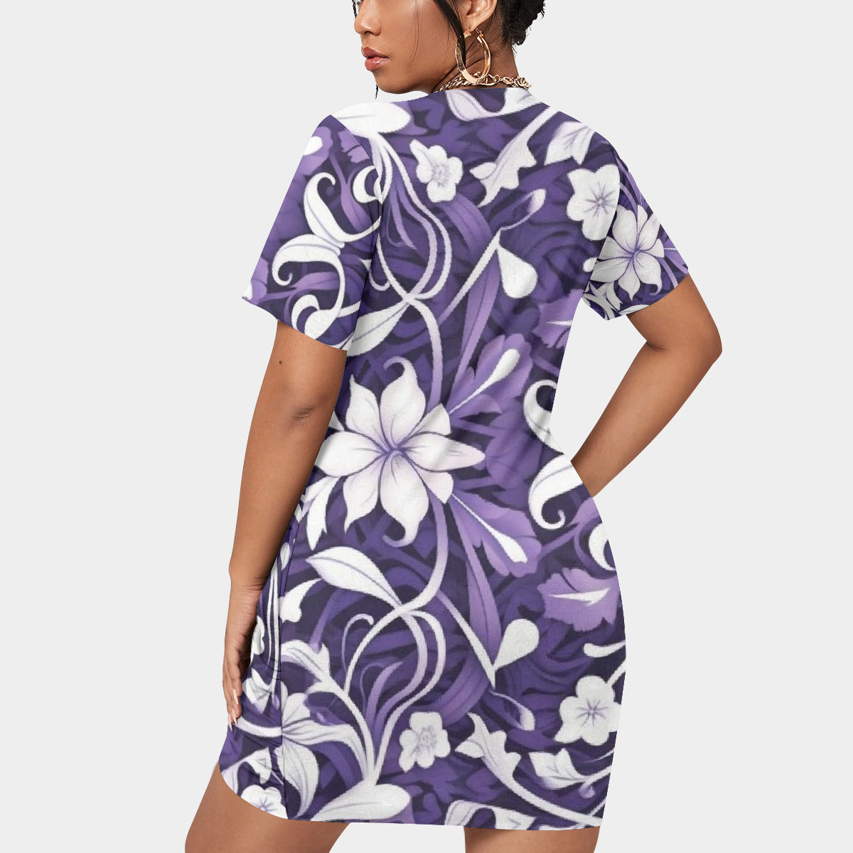 Plus Size Purple Floral Short Sleeve Dress