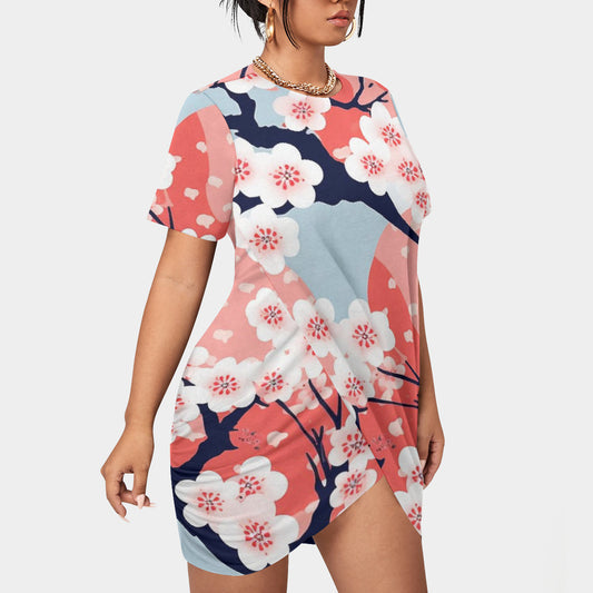 Multi-Color Floral Stacked Hem Dress for Women - Plus Size Short Sleeve Design