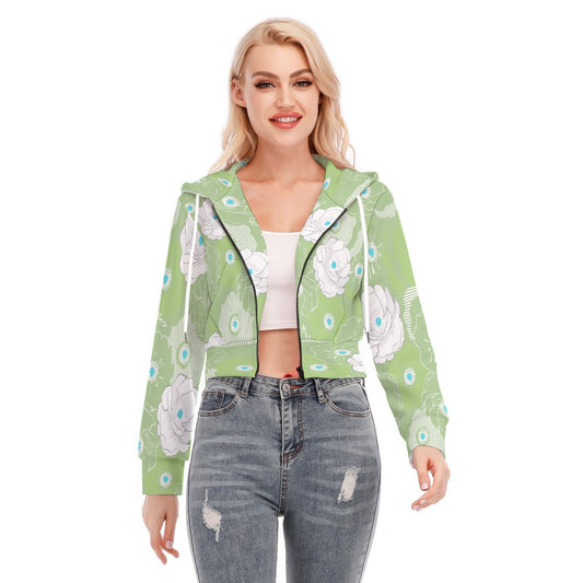 Green Floral Crop Top Hoodie With Zipper Closure