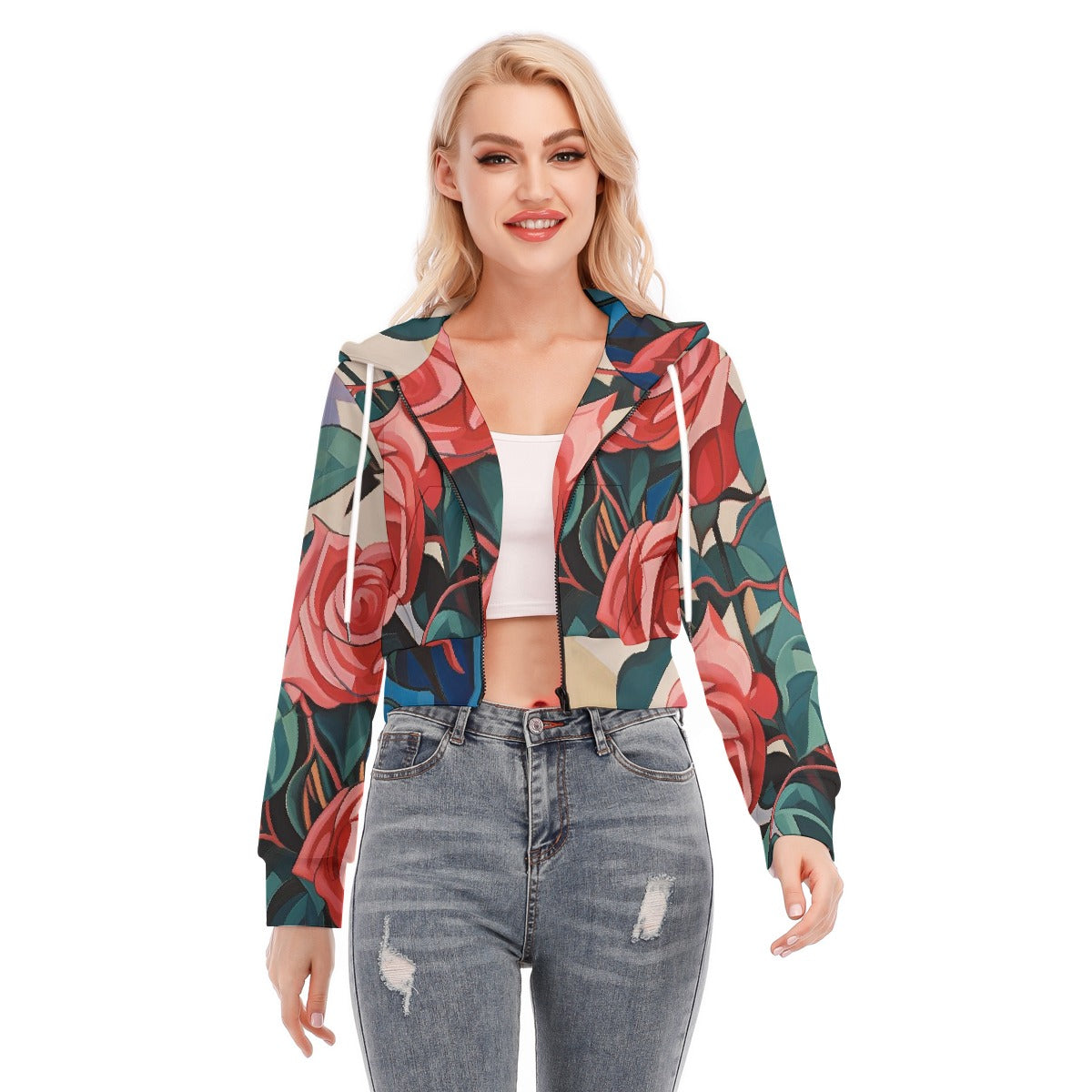 Multi-Colored Floral Crop Top Hoodie With Zipper Closure