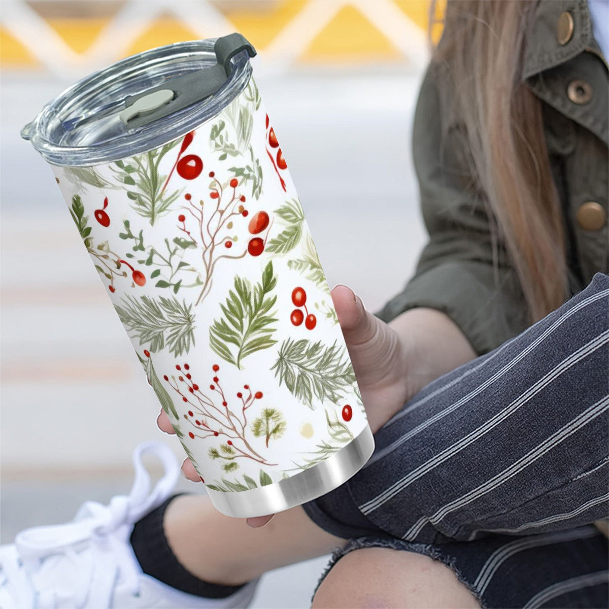 20oz Holiday Botanical Tumbler with Sliding Lid – Festive Red Berries & Evergreen Design