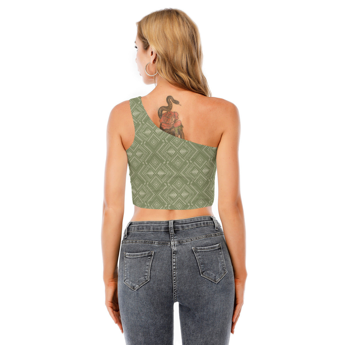 Green Geometric Pattern One-Shoulder Cropped Top